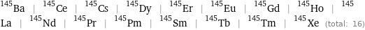 Ba-145 | Ce-145 | Cs-145 | Dy-145 | Er-145 | Eu-145 | Gd-145 | Ho-145 | La-145 | Nd-145 | Pr-145 | Pm-145 | Sm-145 | Tb-145 | Tm-145 | Xe-145 (total: 16)