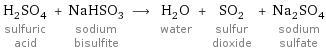 H_2SO_4 sulfuric acid + NaHSO_3 sodium bisulfite ⟶ H_2O water + SO_2 sulfur dioxide + Na_2SO_4 sodium sulfate