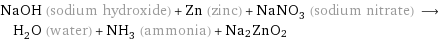 NaOH (sodium hydroxide) + Zn (zinc) + NaNO_3 (sodium nitrate) ⟶ H_2O (water) + NH_3 (ammonia) + Na2ZnO2