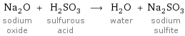 Na_2O sodium oxide + H_2SO_3 sulfurous acid ⟶ H_2O water + Na_2SO_3 sodium sulfite