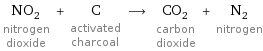 NO_2 nitrogen dioxide + C activated charcoal ⟶ CO_2 carbon dioxide + N_2 nitrogen