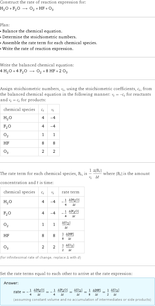 Construct the rate of reaction expression for: H_2O + F_2O ⟶ O_2 + HF + O_3 Plan: • Balance the chemical equation. • Determine the stoichiometric numbers. • Assemble the rate term for each chemical species. • Write the rate of reaction expression. Write the balanced chemical equation: 4 H_2O + 4 F_2O ⟶ O_2 + 8 HF + 2 O_3 Assign stoichiometric numbers, ν_i, using the stoichiometric coefficients, c_i, from the balanced chemical equation in the following manner: ν_i = -c_i for reactants and ν_i = c_i for products: chemical species | c_i | ν_i H_2O | 4 | -4 F_2O | 4 | -4 O_2 | 1 | 1 HF | 8 | 8 O_3 | 2 | 2 The rate term for each chemical species, B_i, is 1/ν_i(Δ[B_i])/(Δt) where [B_i] is the amount concentration and t is time: chemical species | c_i | ν_i | rate term H_2O | 4 | -4 | -1/4 (Δ[H2O])/(Δt) F_2O | 4 | -4 | -1/4 (Δ[F2O])/(Δt) O_2 | 1 | 1 | (Δ[O2])/(Δt) HF | 8 | 8 | 1/8 (Δ[HF])/(Δt) O_3 | 2 | 2 | 1/2 (Δ[O3])/(Δt) (for infinitesimal rate of change, replace Δ with d) Set the rate terms equal to each other to arrive at the rate expression: Answer: |   | rate = -1/4 (Δ[H2O])/(Δt) = -1/4 (Δ[F2O])/(Δt) = (Δ[O2])/(Δt) = 1/8 (Δ[HF])/(Δt) = 1/2 (Δ[O3])/(Δt) (assuming constant volume and no accumulation of intermediates or side products)