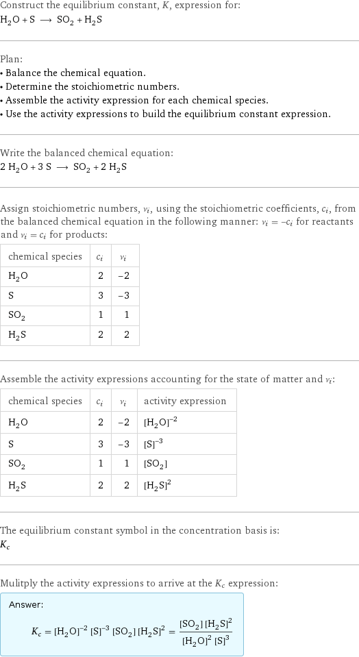 Construct the equilibrium constant, K, expression for: H_2O + S ⟶ SO_2 + H_2S Plan: • Balance the chemical equation. • Determine the stoichiometric numbers. • Assemble the activity expression for each chemical species. • Use the activity expressions to build the equilibrium constant expression. Write the balanced chemical equation: 2 H_2O + 3 S ⟶ SO_2 + 2 H_2S Assign stoichiometric numbers, ν_i, using the stoichiometric coefficients, c_i, from the balanced chemical equation in the following manner: ν_i = -c_i for reactants and ν_i = c_i for products: chemical species | c_i | ν_i H_2O | 2 | -2 S | 3 | -3 SO_2 | 1 | 1 H_2S | 2 | 2 Assemble the activity expressions accounting for the state of matter and ν_i: chemical species | c_i | ν_i | activity expression H_2O | 2 | -2 | ([H2O])^(-2) S | 3 | -3 | ([S])^(-3) SO_2 | 1 | 1 | [SO2] H_2S | 2 | 2 | ([H2S])^2 The equilibrium constant symbol in the concentration basis is: K_c Mulitply the activity expressions to arrive at the K_c expression: Answer: |   | K_c = ([H2O])^(-2) ([S])^(-3) [SO2] ([H2S])^2 = ([SO2] ([H2S])^2)/(([H2O])^2 ([S])^3)