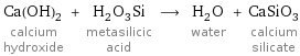 Ca(OH)_2 calcium hydroxide + H_2O_3Si metasilicic acid ⟶ H_2O water + CaSiO_3 calcium silicate