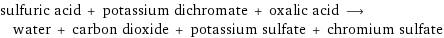 sulfuric acid + potassium dichromate + oxalic acid ⟶ water + carbon dioxide + potassium sulfate + chromium sulfate