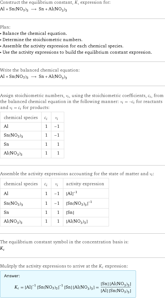 Construct the equilibrium constant, K, expression for: Al + Sn(NO3)3 ⟶ Sn + Al(NO_3)_3 Plan: • Balance the chemical equation. • Determine the stoichiometric numbers. • Assemble the activity expression for each chemical species. • Use the activity expressions to build the equilibrium constant expression. Write the balanced chemical equation: Al + Sn(NO3)3 ⟶ Sn + Al(NO_3)_3 Assign stoichiometric numbers, ν_i, using the stoichiometric coefficients, c_i, from the balanced chemical equation in the following manner: ν_i = -c_i for reactants and ν_i = c_i for products: chemical species | c_i | ν_i Al | 1 | -1 Sn(NO3)3 | 1 | -1 Sn | 1 | 1 Al(NO_3)_3 | 1 | 1 Assemble the activity expressions accounting for the state of matter and ν_i: chemical species | c_i | ν_i | activity expression Al | 1 | -1 | ([Al])^(-1) Sn(NO3)3 | 1 | -1 | ([Sn(NO3)3])^(-1) Sn | 1 | 1 | [Sn] Al(NO_3)_3 | 1 | 1 | [Al(NO3)3] The equilibrium constant symbol in the concentration basis is: K_c Mulitply the activity expressions to arrive at the K_c expression: Answer: |   | K_c = ([Al])^(-1) ([Sn(NO3)3])^(-1) [Sn] [Al(NO3)3] = ([Sn] [Al(NO3)3])/([Al] [Sn(NO3)3])