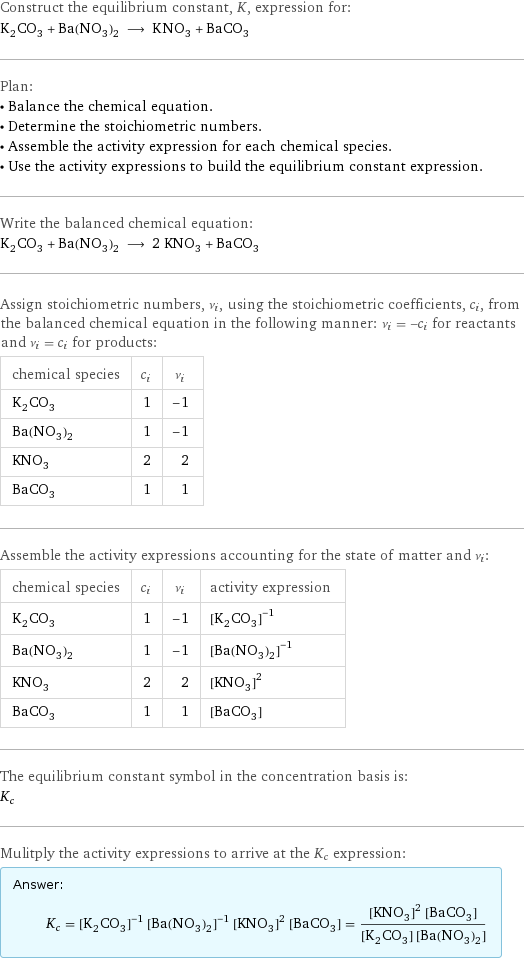 Construct the equilibrium constant, K, expression for: K_2CO_3 + Ba(NO_3)_2 ⟶ KNO_3 + BaCO_3 Plan: • Balance the chemical equation. • Determine the stoichiometric numbers. • Assemble the activity expression for each chemical species. • Use the activity expressions to build the equilibrium constant expression. Write the balanced chemical equation: K_2CO_3 + Ba(NO_3)_2 ⟶ 2 KNO_3 + BaCO_3 Assign stoichiometric numbers, ν_i, using the stoichiometric coefficients, c_i, from the balanced chemical equation in the following manner: ν_i = -c_i for reactants and ν_i = c_i for products: chemical species | c_i | ν_i K_2CO_3 | 1 | -1 Ba(NO_3)_2 | 1 | -1 KNO_3 | 2 | 2 BaCO_3 | 1 | 1 Assemble the activity expressions accounting for the state of matter and ν_i: chemical species | c_i | ν_i | activity expression K_2CO_3 | 1 | -1 | ([K2CO3])^(-1) Ba(NO_3)_2 | 1 | -1 | ([Ba(NO3)2])^(-1) KNO_3 | 2 | 2 | ([KNO3])^2 BaCO_3 | 1 | 1 | [BaCO3] The equilibrium constant symbol in the concentration basis is: K_c Mulitply the activity expressions to arrive at the K_c expression: Answer: |   | K_c = ([K2CO3])^(-1) ([Ba(NO3)2])^(-1) ([KNO3])^2 [BaCO3] = (([KNO3])^2 [BaCO3])/([K2CO3] [Ba(NO3)2])