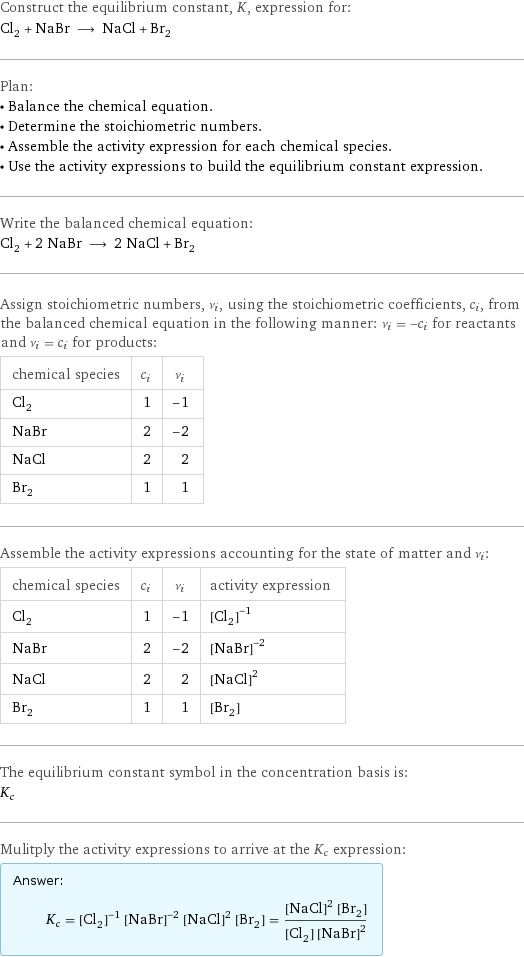 Construct the equilibrium constant, K, expression for: Cl_2 + NaBr ⟶ NaCl + Br_2 Plan: • Balance the chemical equation. • Determine the stoichiometric numbers. • Assemble the activity expression for each chemical species. • Use the activity expressions to build the equilibrium constant expression. Write the balanced chemical equation: Cl_2 + 2 NaBr ⟶ 2 NaCl + Br_2 Assign stoichiometric numbers, ν_i, using the stoichiometric coefficients, c_i, from the balanced chemical equation in the following manner: ν_i = -c_i for reactants and ν_i = c_i for products: chemical species | c_i | ν_i Cl_2 | 1 | -1 NaBr | 2 | -2 NaCl | 2 | 2 Br_2 | 1 | 1 Assemble the activity expressions accounting for the state of matter and ν_i: chemical species | c_i | ν_i | activity expression Cl_2 | 1 | -1 | ([Cl2])^(-1) NaBr | 2 | -2 | ([NaBr])^(-2) NaCl | 2 | 2 | ([NaCl])^2 Br_2 | 1 | 1 | [Br2] The equilibrium constant symbol in the concentration basis is: K_c Mulitply the activity expressions to arrive at the K_c expression: Answer: |   | K_c = ([Cl2])^(-1) ([NaBr])^(-2) ([NaCl])^2 [Br2] = (([NaCl])^2 [Br2])/([Cl2] ([NaBr])^2)