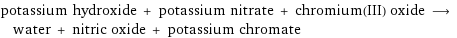 potassium hydroxide + potassium nitrate + chromium(III) oxide ⟶ water + nitric oxide + potassium chromate