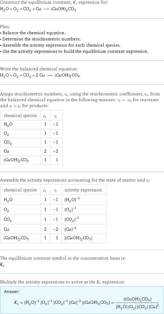 Construct the equilibrium constant, K, expression for: H_2O + O_2 + CO_2 + Cu ⟶ (CuOH)2CO3 Plan: • Balance the chemical equation. • Determine the stoichiometric numbers. • Assemble the activity expression for each chemical species. • Use the activity expressions to build the equilibrium constant expression. Write the balanced chemical equation: H_2O + O_2 + CO_2 + 2 Cu ⟶ (CuOH)2CO3 Assign stoichiometric numbers, ν_i, using the stoichiometric coefficients, c_i, from the balanced chemical equation in the following manner: ν_i = -c_i for reactants and ν_i = c_i for products: chemical species | c_i | ν_i H_2O | 1 | -1 O_2 | 1 | -1 CO_2 | 1 | -1 Cu | 2 | -2 (CuOH)2CO3 | 1 | 1 Assemble the activity expressions accounting for the state of matter and ν_i: chemical species | c_i | ν_i | activity expression H_2O | 1 | -1 | ([H2O])^(-1) O_2 | 1 | -1 | ([O2])^(-1) CO_2 | 1 | -1 | ([CO2])^(-1) Cu | 2 | -2 | ([Cu])^(-2) (CuOH)2CO3 | 1 | 1 | [(CuOH)2CO3] The equilibrium constant symbol in the concentration basis is: K_c Mulitply the activity expressions to arrive at the K_c expression: Answer: |   | K_c = ([H2O])^(-1) ([O2])^(-1) ([CO2])^(-1) ([Cu])^(-2) [(CuOH)2CO3] = ([(CuOH)2CO3])/([H2O] [O2] [CO2] ([Cu])^2)