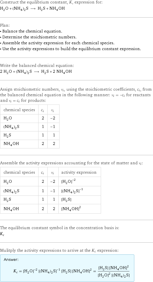 Construct the equilibrium constant, K, expression for: H_2O + (NH_4)_2S ⟶ H_2S + NH_4OH Plan: • Balance the chemical equation. • Determine the stoichiometric numbers. • Assemble the activity expression for each chemical species. • Use the activity expressions to build the equilibrium constant expression. Write the balanced chemical equation: 2 H_2O + (NH_4)_2S ⟶ H_2S + 2 NH_4OH Assign stoichiometric numbers, ν_i, using the stoichiometric coefficients, c_i, from the balanced chemical equation in the following manner: ν_i = -c_i for reactants and ν_i = c_i for products: chemical species | c_i | ν_i H_2O | 2 | -2 (NH_4)_2S | 1 | -1 H_2S | 1 | 1 NH_4OH | 2 | 2 Assemble the activity expressions accounting for the state of matter and ν_i: chemical species | c_i | ν_i | activity expression H_2O | 2 | -2 | ([H2O])^(-2) (NH_4)_2S | 1 | -1 | ([(NH4)2S])^(-1) H_2S | 1 | 1 | [H2S] NH_4OH | 2 | 2 | ([NH4OH])^2 The equilibrium constant symbol in the concentration basis is: K_c Mulitply the activity expressions to arrive at the K_c expression: Answer: |   | K_c = ([H2O])^(-2) ([(NH4)2S])^(-1) [H2S] ([NH4OH])^2 = ([H2S] ([NH4OH])^2)/(([H2O])^2 [(NH4)2S])