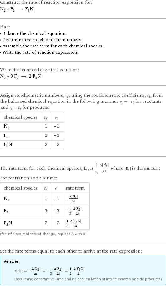 Construct the rate of reaction expression for: N_2 + F_2 ⟶ F_3N Plan: • Balance the chemical equation. • Determine the stoichiometric numbers. • Assemble the rate term for each chemical species. • Write the rate of reaction expression. Write the balanced chemical equation: N_2 + 3 F_2 ⟶ 2 F_3N Assign stoichiometric numbers, ν_i, using the stoichiometric coefficients, c_i, from the balanced chemical equation in the following manner: ν_i = -c_i for reactants and ν_i = c_i for products: chemical species | c_i | ν_i N_2 | 1 | -1 F_2 | 3 | -3 F_3N | 2 | 2 The rate term for each chemical species, B_i, is 1/ν_i(Δ[B_i])/(Δt) where [B_i] is the amount concentration and t is time: chemical species | c_i | ν_i | rate term N_2 | 1 | -1 | -(Δ[N2])/(Δt) F_2 | 3 | -3 | -1/3 (Δ[F2])/(Δt) F_3N | 2 | 2 | 1/2 (Δ[F3N])/(Δt) (for infinitesimal rate of change, replace Δ with d) Set the rate terms equal to each other to arrive at the rate expression: Answer: |   | rate = -(Δ[N2])/(Δt) = -1/3 (Δ[F2])/(Δt) = 1/2 (Δ[F3N])/(Δt) (assuming constant volume and no accumulation of intermediates or side products)