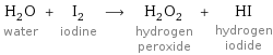 H_2O water + I_2 iodine ⟶ H_2O_2 hydrogen peroxide + HI hydrogen iodide