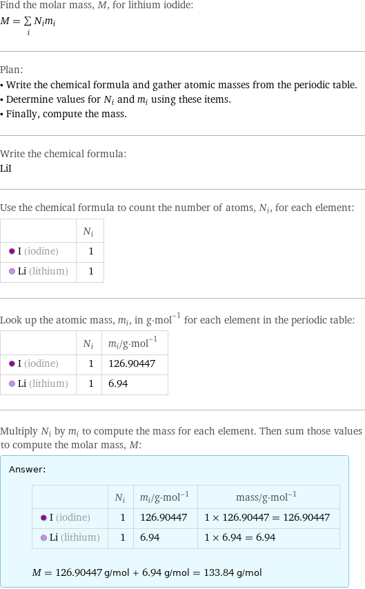 Find the molar mass, M, for lithium iodide: M = sum _iN_im_i Plan: • Write the chemical formula and gather atomic masses from the periodic table. • Determine values for N_i and m_i using these items. • Finally, compute the mass. Write the chemical formula: LiI Use the chemical formula to count the number of atoms, N_i, for each element:  | N_i  I (iodine) | 1  Li (lithium) | 1 Look up the atomic mass, m_i, in g·mol^(-1) for each element in the periodic table:  | N_i | m_i/g·mol^(-1)  I (iodine) | 1 | 126.90447  Li (lithium) | 1 | 6.94 Multiply N_i by m_i to compute the mass for each element. Then sum those values to compute the molar mass, M: Answer: |   | | N_i | m_i/g·mol^(-1) | mass/g·mol^(-1)  I (iodine) | 1 | 126.90447 | 1 × 126.90447 = 126.90447  Li (lithium) | 1 | 6.94 | 1 × 6.94 = 6.94  M = 126.90447 g/mol + 6.94 g/mol = 133.84 g/mol