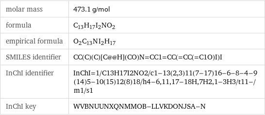 molar mass | 473.1 g/mol formula | C_13H_17I_2NO_2 empirical formula | O_2C_13N_I_2H_17 SMILES identifier | CC(C)(C)[C@@H](CO)N=CC1=CC(=CC(=C1O)I)I InChI identifier | InChI=1/C13H17I2NO2/c1-13(2, 3)11(7-17)16-6-8-4-9(14)5-10(15)12(8)18/h4-6, 11, 17-18H, 7H2, 1-3H3/t11-/m1/s1 InChI key | WVBNUUNXQNMMOB-LLVKDONJSA-N