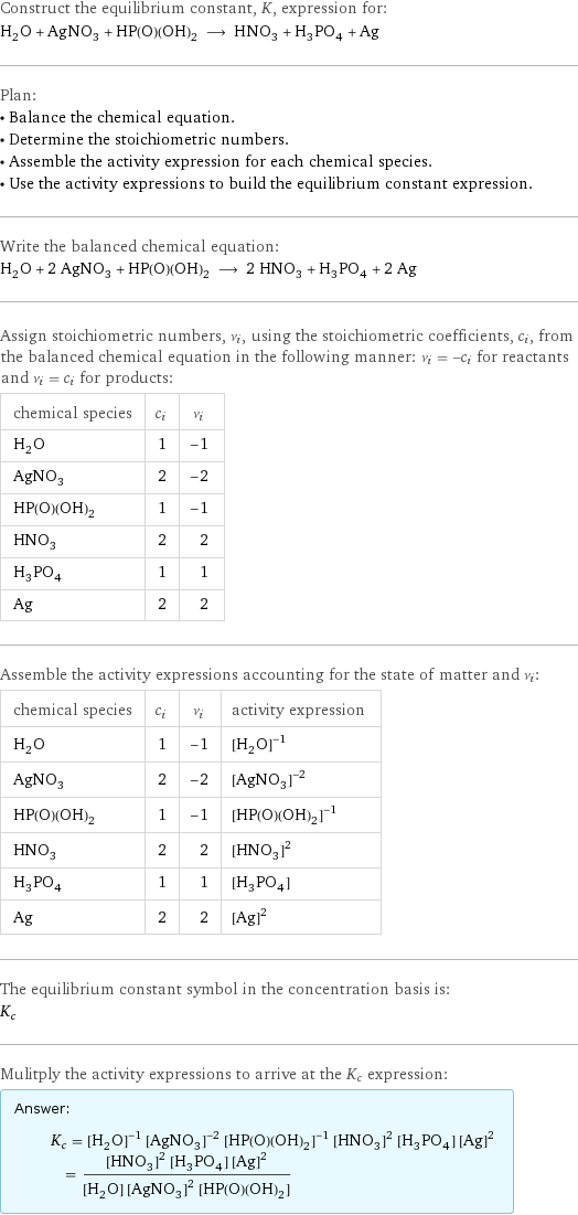 Construct the equilibrium constant, K, expression for: H_2O + AgNO_3 + HP(O)(OH)_2 ⟶ HNO_3 + H_3PO_4 + Ag Plan: • Balance the chemical equation. • Determine the stoichiometric numbers. • Assemble the activity expression for each chemical species. • Use the activity expressions to build the equilibrium constant expression. Write the balanced chemical equation: H_2O + 2 AgNO_3 + HP(O)(OH)_2 ⟶ 2 HNO_3 + H_3PO_4 + 2 Ag Assign stoichiometric numbers, ν_i, using the stoichiometric coefficients, c_i, from the balanced chemical equation in the following manner: ν_i = -c_i for reactants and ν_i = c_i for products: chemical species | c_i | ν_i H_2O | 1 | -1 AgNO_3 | 2 | -2 HP(O)(OH)_2 | 1 | -1 HNO_3 | 2 | 2 H_3PO_4 | 1 | 1 Ag | 2 | 2 Assemble the activity expressions accounting for the state of matter and ν_i: chemical species | c_i | ν_i | activity expression H_2O | 1 | -1 | ([H2O])^(-1) AgNO_3 | 2 | -2 | ([AgNO3])^(-2) HP(O)(OH)_2 | 1 | -1 | ([HP(O)(OH)2])^(-1) HNO_3 | 2 | 2 | ([HNO3])^2 H_3PO_4 | 1 | 1 | [H3PO4] Ag | 2 | 2 | ([Ag])^2 The equilibrium constant symbol in the concentration basis is: K_c Mulitply the activity expressions to arrive at the K_c expression: Answer: |   | K_c = ([H2O])^(-1) ([AgNO3])^(-2) ([HP(O)(OH)2])^(-1) ([HNO3])^2 [H3PO4] ([Ag])^2 = (([HNO3])^2 [H3PO4] ([Ag])^2)/([H2O] ([AgNO3])^2 [HP(O)(OH)2])