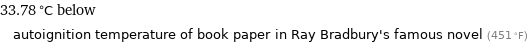 33.78 °C below autoignition temperature of book paper in Ray Bradbury's famous novel (451 °F)