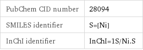 PubChem CID number | 28094 SMILES identifier | S=[Ni] InChI identifier | InChI=1S/Ni.S
