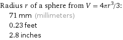 Radius r of a sphere from V = 4πr^3/3:  | 71 mm (millimeters)  | 0.23 feet  | 2.8 inches