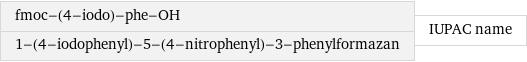 fmoc-(4-iodo)-phe-OH 1-(4-iodophenyl)-5-(4-nitrophenyl)-3-phenylformazan | IUPAC name