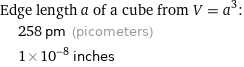 Edge length a of a cube from V = a^3:  | 258 pm (picometers)  | 1×10^-8 inches