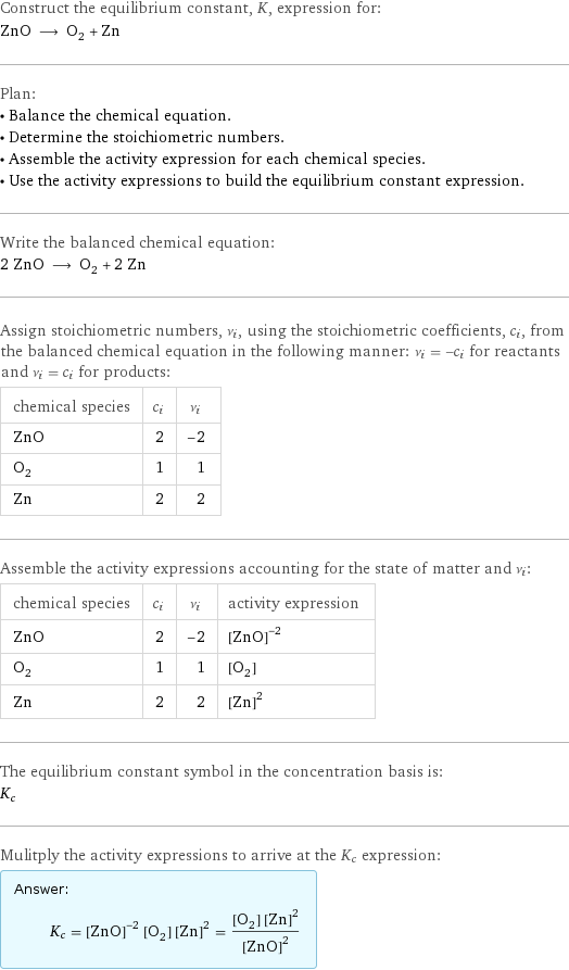 Construct the equilibrium constant, K, expression for: ZnO ⟶ O_2 + Zn Plan: • Balance the chemical equation. • Determine the stoichiometric numbers. • Assemble the activity expression for each chemical species. • Use the activity expressions to build the equilibrium constant expression. Write the balanced chemical equation: 2 ZnO ⟶ O_2 + 2 Zn Assign stoichiometric numbers, ν_i, using the stoichiometric coefficients, c_i, from the balanced chemical equation in the following manner: ν_i = -c_i for reactants and ν_i = c_i for products: chemical species | c_i | ν_i ZnO | 2 | -2 O_2 | 1 | 1 Zn | 2 | 2 Assemble the activity expressions accounting for the state of matter and ν_i: chemical species | c_i | ν_i | activity expression ZnO | 2 | -2 | ([ZnO])^(-2) O_2 | 1 | 1 | [O2] Zn | 2 | 2 | ([Zn])^2 The equilibrium constant symbol in the concentration basis is: K_c Mulitply the activity expressions to arrive at the K_c expression: Answer: |   | K_c = ([ZnO])^(-2) [O2] ([Zn])^2 = ([O2] ([Zn])^2)/([ZnO])^2