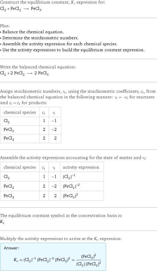 Construct the equilibrium constant, K, expression for: Cl_2 + FeCl_2 ⟶ FeCl_3 Plan: • Balance the chemical equation. • Determine the stoichiometric numbers. • Assemble the activity expression for each chemical species. • Use the activity expressions to build the equilibrium constant expression. Write the balanced chemical equation: Cl_2 + 2 FeCl_2 ⟶ 2 FeCl_3 Assign stoichiometric numbers, ν_i, using the stoichiometric coefficients, c_i, from the balanced chemical equation in the following manner: ν_i = -c_i for reactants and ν_i = c_i for products: chemical species | c_i | ν_i Cl_2 | 1 | -1 FeCl_2 | 2 | -2 FeCl_3 | 2 | 2 Assemble the activity expressions accounting for the state of matter and ν_i: chemical species | c_i | ν_i | activity expression Cl_2 | 1 | -1 | ([Cl2])^(-1) FeCl_2 | 2 | -2 | ([FeCl2])^(-2) FeCl_3 | 2 | 2 | ([FeCl3])^2 The equilibrium constant symbol in the concentration basis is: K_c Mulitply the activity expressions to arrive at the K_c expression: Answer: |   | K_c = ([Cl2])^(-1) ([FeCl2])^(-2) ([FeCl3])^2 = ([FeCl3])^2/([Cl2] ([FeCl2])^2)