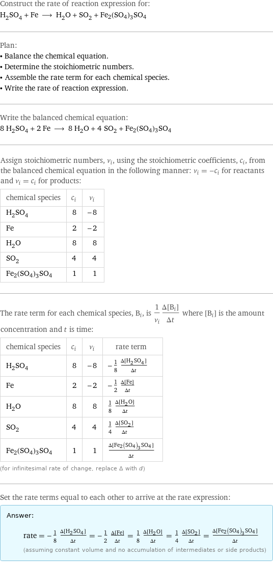 Construct the rate of reaction expression for: H_2SO_4 + Fe ⟶ H_2O + SO_2 + Fe2(SO4)3SO4 Plan: • Balance the chemical equation. • Determine the stoichiometric numbers. • Assemble the rate term for each chemical species. • Write the rate of reaction expression. Write the balanced chemical equation: 8 H_2SO_4 + 2 Fe ⟶ 8 H_2O + 4 SO_2 + Fe2(SO4)3SO4 Assign stoichiometric numbers, ν_i, using the stoichiometric coefficients, c_i, from the balanced chemical equation in the following manner: ν_i = -c_i for reactants and ν_i = c_i for products: chemical species | c_i | ν_i H_2SO_4 | 8 | -8 Fe | 2 | -2 H_2O | 8 | 8 SO_2 | 4 | 4 Fe2(SO4)3SO4 | 1 | 1 The rate term for each chemical species, B_i, is 1/ν_i(Δ[B_i])/(Δt) where [B_i] is the amount concentration and t is time: chemical species | c_i | ν_i | rate term H_2SO_4 | 8 | -8 | -1/8 (Δ[H2SO4])/(Δt) Fe | 2 | -2 | -1/2 (Δ[Fe])/(Δt) H_2O | 8 | 8 | 1/8 (Δ[H2O])/(Δt) SO_2 | 4 | 4 | 1/4 (Δ[SO2])/(Δt) Fe2(SO4)3SO4 | 1 | 1 | (Δ[Fe2(SO4)3SO4])/(Δt) (for infinitesimal rate of change, replace Δ with d) Set the rate terms equal to each other to arrive at the rate expression: Answer: |   | rate = -1/8 (Δ[H2SO4])/(Δt) = -1/2 (Δ[Fe])/(Δt) = 1/8 (Δ[H2O])/(Δt) = 1/4 (Δ[SO2])/(Δt) = (Δ[Fe2(SO4)3SO4])/(Δt) (assuming constant volume and no accumulation of intermediates or side products)