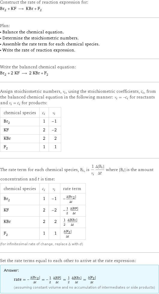 Construct the rate of reaction expression for: Br_2 + KF ⟶ KBr + F_2 Plan: • Balance the chemical equation. • Determine the stoichiometric numbers. • Assemble the rate term for each chemical species. • Write the rate of reaction expression. Write the balanced chemical equation: Br_2 + 2 KF ⟶ 2 KBr + F_2 Assign stoichiometric numbers, ν_i, using the stoichiometric coefficients, c_i, from the balanced chemical equation in the following manner: ν_i = -c_i for reactants and ν_i = c_i for products: chemical species | c_i | ν_i Br_2 | 1 | -1 KF | 2 | -2 KBr | 2 | 2 F_2 | 1 | 1 The rate term for each chemical species, B_i, is 1/ν_i(Δ[B_i])/(Δt) where [B_i] is the amount concentration and t is time: chemical species | c_i | ν_i | rate term Br_2 | 1 | -1 | -(Δ[Br2])/(Δt) KF | 2 | -2 | -1/2 (Δ[KF])/(Δt) KBr | 2 | 2 | 1/2 (Δ[KBr])/(Δt) F_2 | 1 | 1 | (Δ[F2])/(Δt) (for infinitesimal rate of change, replace Δ with d) Set the rate terms equal to each other to arrive at the rate expression: Answer: |   | rate = -(Δ[Br2])/(Δt) = -1/2 (Δ[KF])/(Δt) = 1/2 (Δ[KBr])/(Δt) = (Δ[F2])/(Δt) (assuming constant volume and no accumulation of intermediates or side products)