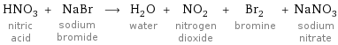 HNO_3 nitric acid + NaBr sodium bromide ⟶ H_2O water + NO_2 nitrogen dioxide + Br_2 bromine + NaNO_3 sodium nitrate