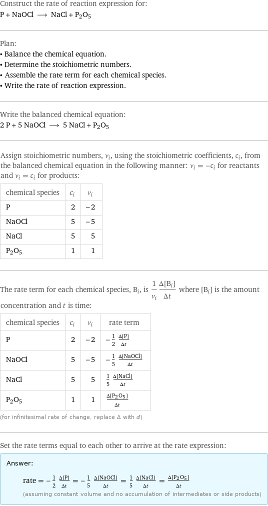 Construct the rate of reaction expression for: P + NaOCl ⟶ NaCl + P2O5 Plan: • Balance the chemical equation. • Determine the stoichiometric numbers. • Assemble the rate term for each chemical species. • Write the rate of reaction expression. Write the balanced chemical equation: 2 P + 5 NaOCl ⟶ 5 NaCl + P2O5 Assign stoichiometric numbers, ν_i, using the stoichiometric coefficients, c_i, from the balanced chemical equation in the following manner: ν_i = -c_i for reactants and ν_i = c_i for products: chemical species | c_i | ν_i P | 2 | -2 NaOCl | 5 | -5 NaCl | 5 | 5 P2O5 | 1 | 1 The rate term for each chemical species, B_i, is 1/ν_i(Δ[B_i])/(Δt) where [B_i] is the amount concentration and t is time: chemical species | c_i | ν_i | rate term P | 2 | -2 | -1/2 (Δ[P])/(Δt) NaOCl | 5 | -5 | -1/5 (Δ[NaOCl])/(Δt) NaCl | 5 | 5 | 1/5 (Δ[NaCl])/(Δt) P2O5 | 1 | 1 | (Δ[P2O5])/(Δt) (for infinitesimal rate of change, replace Δ with d) Set the rate terms equal to each other to arrive at the rate expression: Answer: |   | rate = -1/2 (Δ[P])/(Δt) = -1/5 (Δ[NaOCl])/(Δt) = 1/5 (Δ[NaCl])/(Δt) = (Δ[P2O5])/(Δt) (assuming constant volume and no accumulation of intermediates or side products)