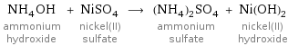 NH_4OH ammonium hydroxide + NiSO_4 nickel(II) sulfate ⟶ (NH_4)_2SO_4 ammonium sulfate + Ni(OH)_2 nickel(II) hydroxide