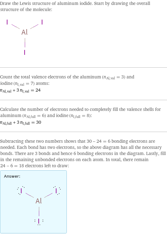 Draw the Lewis structure of aluminum iodide. Start by drawing the overall structure of the molecule:  Count the total valence electrons of the aluminum (n_Al, val = 3) and iodine (n_I, val = 7) atoms: n_Al, val + 3 n_I, val = 24 Calculate the number of electrons needed to completely fill the valence shells for aluminum (n_Al, full = 6) and iodine (n_I, full = 8): n_Al, full + 3 n_I, full = 30 Subtracting these two numbers shows that 30 - 24 = 6 bonding electrons are needed. Each bond has two electrons, so the above diagram has all the necessary bonds. There are 3 bonds and hence 6 bonding electrons in the diagram. Lastly, fill in the remaining unbonded electrons on each atom. In total, there remain 24 - 6 = 18 electrons left to draw: Answer: |   | 