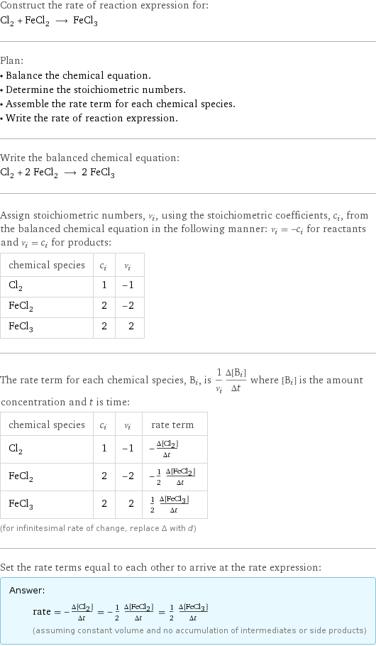 Construct the rate of reaction expression for: Cl_2 + FeCl_2 ⟶ FeCl_3 Plan: • Balance the chemical equation. • Determine the stoichiometric numbers. • Assemble the rate term for each chemical species. • Write the rate of reaction expression. Write the balanced chemical equation: Cl_2 + 2 FeCl_2 ⟶ 2 FeCl_3 Assign stoichiometric numbers, ν_i, using the stoichiometric coefficients, c_i, from the balanced chemical equation in the following manner: ν_i = -c_i for reactants and ν_i = c_i for products: chemical species | c_i | ν_i Cl_2 | 1 | -1 FeCl_2 | 2 | -2 FeCl_3 | 2 | 2 The rate term for each chemical species, B_i, is 1/ν_i(Δ[B_i])/(Δt) where [B_i] is the amount concentration and t is time: chemical species | c_i | ν_i | rate term Cl_2 | 1 | -1 | -(Δ[Cl2])/(Δt) FeCl_2 | 2 | -2 | -1/2 (Δ[FeCl2])/(Δt) FeCl_3 | 2 | 2 | 1/2 (Δ[FeCl3])/(Δt) (for infinitesimal rate of change, replace Δ with d) Set the rate terms equal to each other to arrive at the rate expression: Answer: |   | rate = -(Δ[Cl2])/(Δt) = -1/2 (Δ[FeCl2])/(Δt) = 1/2 (Δ[FeCl3])/(Δt) (assuming constant volume and no accumulation of intermediates or side products)