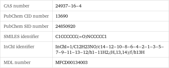 CAS number | 24937-16-4 PubChem CID number | 13690 PubChem SID number | 24850920 SMILES identifier | C1CCCCCC(=O)NCCCCC1 InChI identifier | InChI=1/C12H23NO/c14-12-10-8-6-4-2-1-3-5-7-9-11-13-12/h1-11H2, (H, 13, 14)/f/h13H MDL number | MFCD00134003