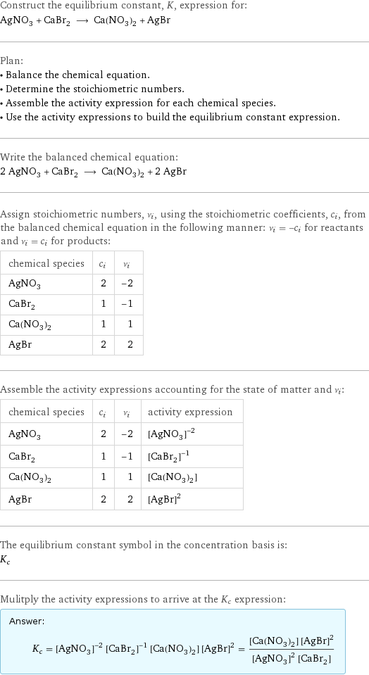 Construct the equilibrium constant, K, expression for: AgNO_3 + CaBr_2 ⟶ Ca(NO_3)_2 + AgBr Plan: • Balance the chemical equation. • Determine the stoichiometric numbers. • Assemble the activity expression for each chemical species. • Use the activity expressions to build the equilibrium constant expression. Write the balanced chemical equation: 2 AgNO_3 + CaBr_2 ⟶ Ca(NO_3)_2 + 2 AgBr Assign stoichiometric numbers, ν_i, using the stoichiometric coefficients, c_i, from the balanced chemical equation in the following manner: ν_i = -c_i for reactants and ν_i = c_i for products: chemical species | c_i | ν_i AgNO_3 | 2 | -2 CaBr_2 | 1 | -1 Ca(NO_3)_2 | 1 | 1 AgBr | 2 | 2 Assemble the activity expressions accounting for the state of matter and ν_i: chemical species | c_i | ν_i | activity expression AgNO_3 | 2 | -2 | ([AgNO3])^(-2) CaBr_2 | 1 | -1 | ([CaBr2])^(-1) Ca(NO_3)_2 | 1 | 1 | [Ca(NO3)2] AgBr | 2 | 2 | ([AgBr])^2 The equilibrium constant symbol in the concentration basis is: K_c Mulitply the activity expressions to arrive at the K_c expression: Answer: |   | K_c = ([AgNO3])^(-2) ([CaBr2])^(-1) [Ca(NO3)2] ([AgBr])^2 = ([Ca(NO3)2] ([AgBr])^2)/(([AgNO3])^2 [CaBr2])