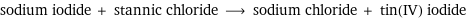 sodium iodide + stannic chloride ⟶ sodium chloride + tin(IV) iodide