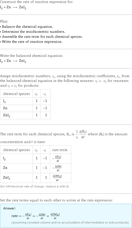 Construct the rate of reaction expression for: I_2 + Zn ⟶ ZnI_2 Plan: • Balance the chemical equation. • Determine the stoichiometric numbers. • Assemble the rate term for each chemical species. • Write the rate of reaction expression. Write the balanced chemical equation: I_2 + Zn ⟶ ZnI_2 Assign stoichiometric numbers, ν_i, using the stoichiometric coefficients, c_i, from the balanced chemical equation in the following manner: ν_i = -c_i for reactants and ν_i = c_i for products: chemical species | c_i | ν_i I_2 | 1 | -1 Zn | 1 | -1 ZnI_2 | 1 | 1 The rate term for each chemical species, B_i, is 1/ν_i(Δ[B_i])/(Δt) where [B_i] is the amount concentration and t is time: chemical species | c_i | ν_i | rate term I_2 | 1 | -1 | -(Δ[I2])/(Δt) Zn | 1 | -1 | -(Δ[Zn])/(Δt) ZnI_2 | 1 | 1 | (Δ[ZnI2])/(Δt) (for infinitesimal rate of change, replace Δ with d) Set the rate terms equal to each other to arrive at the rate expression: Answer: |   | rate = -(Δ[I2])/(Δt) = -(Δ[Zn])/(Δt) = (Δ[ZnI2])/(Δt) (assuming constant volume and no accumulation of intermediates or side products)