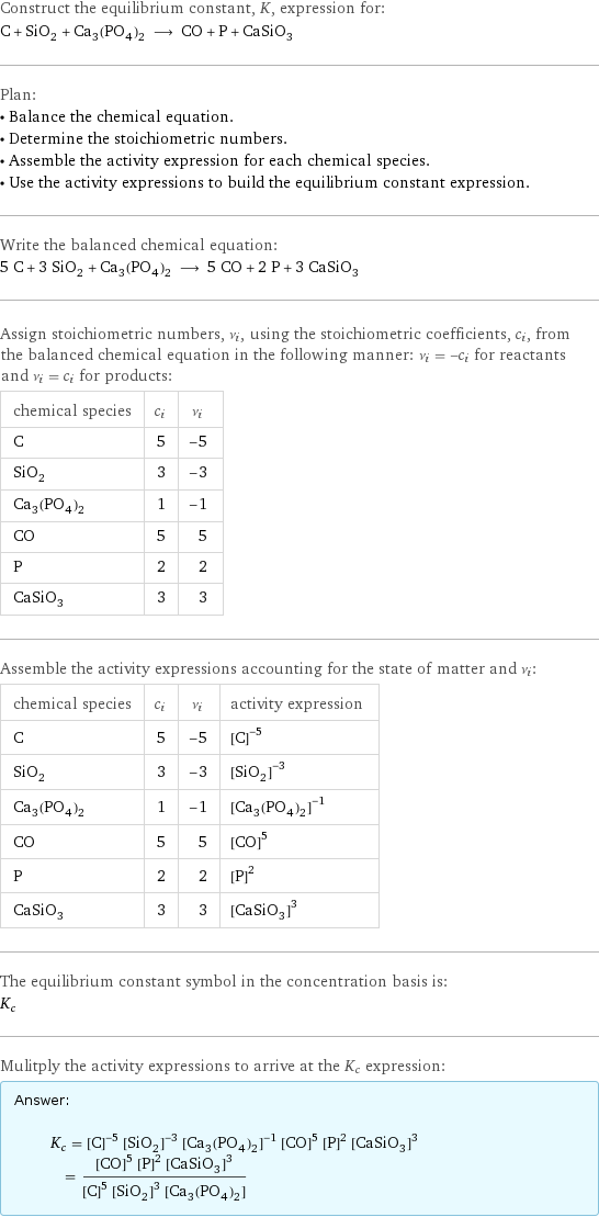 Construct the equilibrium constant, K, expression for: C + SiO_2 + Ca_3(PO_4)_2 ⟶ CO + P + CaSiO_3 Plan: • Balance the chemical equation. • Determine the stoichiometric numbers. • Assemble the activity expression for each chemical species. • Use the activity expressions to build the equilibrium constant expression. Write the balanced chemical equation: 5 C + 3 SiO_2 + Ca_3(PO_4)_2 ⟶ 5 CO + 2 P + 3 CaSiO_3 Assign stoichiometric numbers, ν_i, using the stoichiometric coefficients, c_i, from the balanced chemical equation in the following manner: ν_i = -c_i for reactants and ν_i = c_i for products: chemical species | c_i | ν_i C | 5 | -5 SiO_2 | 3 | -3 Ca_3(PO_4)_2 | 1 | -1 CO | 5 | 5 P | 2 | 2 CaSiO_3 | 3 | 3 Assemble the activity expressions accounting for the state of matter and ν_i: chemical species | c_i | ν_i | activity expression C | 5 | -5 | ([C])^(-5) SiO_2 | 3 | -3 | ([SiO2])^(-3) Ca_3(PO_4)_2 | 1 | -1 | ([Ca3(PO4)2])^(-1) CO | 5 | 5 | ([CO])^5 P | 2 | 2 | ([P])^2 CaSiO_3 | 3 | 3 | ([CaSiO3])^3 The equilibrium constant symbol in the concentration basis is: K_c Mulitply the activity expressions to arrive at the K_c expression: Answer: |   | K_c = ([C])^(-5) ([SiO2])^(-3) ([Ca3(PO4)2])^(-1) ([CO])^5 ([P])^2 ([CaSiO3])^3 = (([CO])^5 ([P])^2 ([CaSiO3])^3)/(([C])^5 ([SiO2])^3 [Ca3(PO4)2])