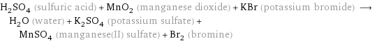 H_2SO_4 (sulfuric acid) + MnO_2 (manganese dioxide) + KBr (potassium bromide) ⟶ H_2O (water) + K_2SO_4 (potassium sulfate) + MnSO_4 (manganese(II) sulfate) + Br_2 (bromine)