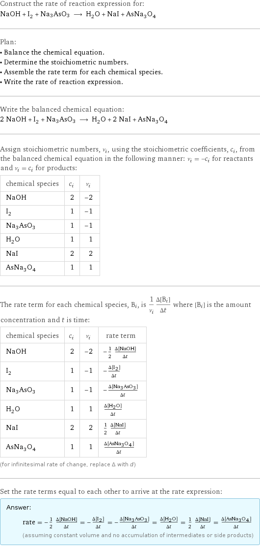 Construct the rate of reaction expression for: NaOH + I_2 + Na3AsO3 ⟶ H_2O + NaI + AsNa_3O_4 Plan: • Balance the chemical equation. • Determine the stoichiometric numbers. • Assemble the rate term for each chemical species. • Write the rate of reaction expression. Write the balanced chemical equation: 2 NaOH + I_2 + Na3AsO3 ⟶ H_2O + 2 NaI + AsNa_3O_4 Assign stoichiometric numbers, ν_i, using the stoichiometric coefficients, c_i, from the balanced chemical equation in the following manner: ν_i = -c_i for reactants and ν_i = c_i for products: chemical species | c_i | ν_i NaOH | 2 | -2 I_2 | 1 | -1 Na3AsO3 | 1 | -1 H_2O | 1 | 1 NaI | 2 | 2 AsNa_3O_4 | 1 | 1 The rate term for each chemical species, B_i, is 1/ν_i(Δ[B_i])/(Δt) where [B_i] is the amount concentration and t is time: chemical species | c_i | ν_i | rate term NaOH | 2 | -2 | -1/2 (Δ[NaOH])/(Δt) I_2 | 1 | -1 | -(Δ[I2])/(Δt) Na3AsO3 | 1 | -1 | -(Δ[Na3AsO3])/(Δt) H_2O | 1 | 1 | (Δ[H2O])/(Δt) NaI | 2 | 2 | 1/2 (Δ[NaI])/(Δt) AsNa_3O_4 | 1 | 1 | (Δ[AsNa3O4])/(Δt) (for infinitesimal rate of change, replace Δ with d) Set the rate terms equal to each other to arrive at the rate expression: Answer: |   | rate = -1/2 (Δ[NaOH])/(Δt) = -(Δ[I2])/(Δt) = -(Δ[Na3AsO3])/(Δt) = (Δ[H2O])/(Δt) = 1/2 (Δ[NaI])/(Δt) = (Δ[AsNa3O4])/(Δt) (assuming constant volume and no accumulation of intermediates or side products)