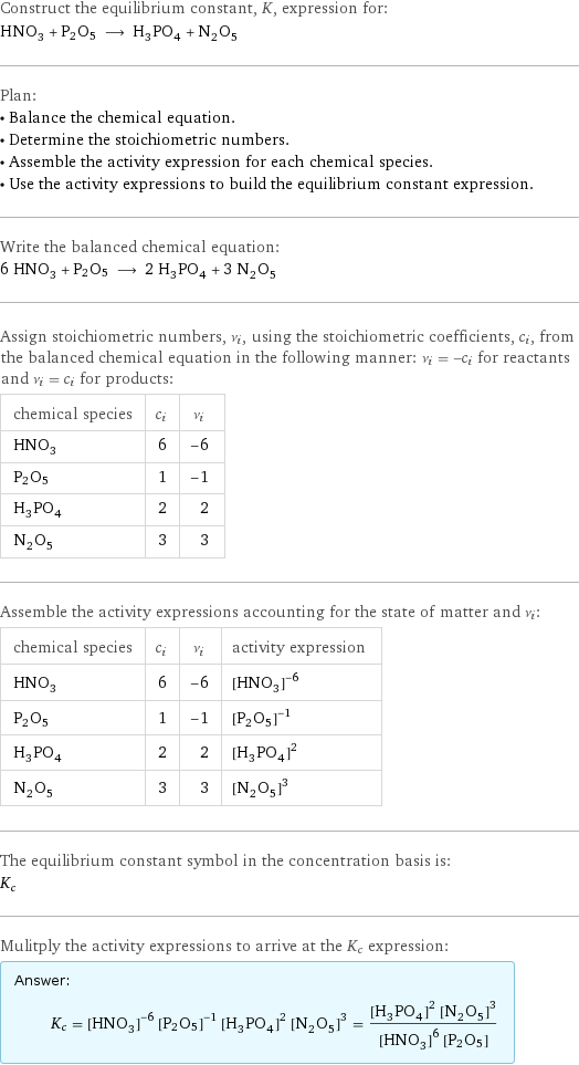 Construct the equilibrium constant, K, expression for: HNO_3 + P2O5 ⟶ H_3PO_4 + N_2O_5 Plan: • Balance the chemical equation. • Determine the stoichiometric numbers. • Assemble the activity expression for each chemical species. • Use the activity expressions to build the equilibrium constant expression. Write the balanced chemical equation: 6 HNO_3 + P2O5 ⟶ 2 H_3PO_4 + 3 N_2O_5 Assign stoichiometric numbers, ν_i, using the stoichiometric coefficients, c_i, from the balanced chemical equation in the following manner: ν_i = -c_i for reactants and ν_i = c_i for products: chemical species | c_i | ν_i HNO_3 | 6 | -6 P2O5 | 1 | -1 H_3PO_4 | 2 | 2 N_2O_5 | 3 | 3 Assemble the activity expressions accounting for the state of matter and ν_i: chemical species | c_i | ν_i | activity expression HNO_3 | 6 | -6 | ([HNO3])^(-6) P2O5 | 1 | -1 | ([P2O5])^(-1) H_3PO_4 | 2 | 2 | ([H3PO4])^2 N_2O_5 | 3 | 3 | ([N2O5])^3 The equilibrium constant symbol in the concentration basis is: K_c Mulitply the activity expressions to arrive at the K_c expression: Answer: |   | K_c = ([HNO3])^(-6) ([P2O5])^(-1) ([H3PO4])^2 ([N2O5])^3 = (([H3PO4])^2 ([N2O5])^3)/(([HNO3])^6 [P2O5])