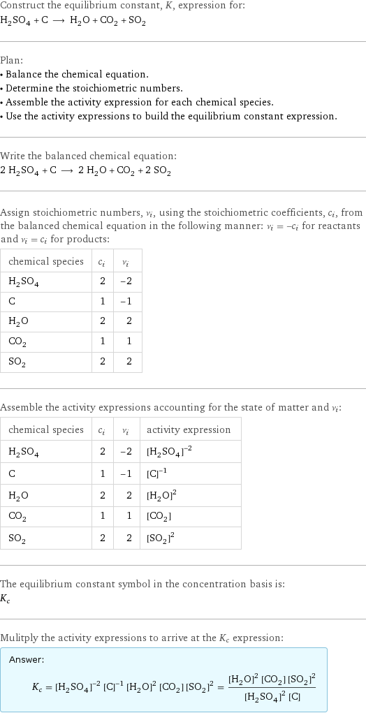 Construct the equilibrium constant, K, expression for: H_2SO_4 + C ⟶ H_2O + CO_2 + SO_2 Plan: • Balance the chemical equation. • Determine the stoichiometric numbers. • Assemble the activity expression for each chemical species. • Use the activity expressions to build the equilibrium constant expression. Write the balanced chemical equation: 2 H_2SO_4 + C ⟶ 2 H_2O + CO_2 + 2 SO_2 Assign stoichiometric numbers, ν_i, using the stoichiometric coefficients, c_i, from the balanced chemical equation in the following manner: ν_i = -c_i for reactants and ν_i = c_i for products: chemical species | c_i | ν_i H_2SO_4 | 2 | -2 C | 1 | -1 H_2O | 2 | 2 CO_2 | 1 | 1 SO_2 | 2 | 2 Assemble the activity expressions accounting for the state of matter and ν_i: chemical species | c_i | ν_i | activity expression H_2SO_4 | 2 | -2 | ([H2SO4])^(-2) C | 1 | -1 | ([C])^(-1) H_2O | 2 | 2 | ([H2O])^2 CO_2 | 1 | 1 | [CO2] SO_2 | 2 | 2 | ([SO2])^2 The equilibrium constant symbol in the concentration basis is: K_c Mulitply the activity expressions to arrive at the K_c expression: Answer: |   | K_c = ([H2SO4])^(-2) ([C])^(-1) ([H2O])^2 [CO2] ([SO2])^2 = (([H2O])^2 [CO2] ([SO2])^2)/(([H2SO4])^2 [C])