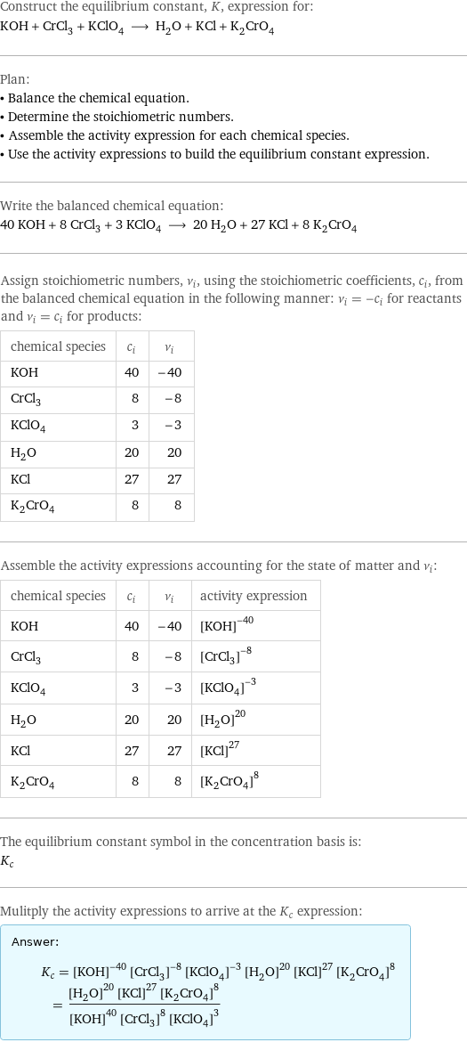 Construct the equilibrium constant, K, expression for: KOH + CrCl_3 + KClO_4 ⟶ H_2O + KCl + K_2CrO_4 Plan: • Balance the chemical equation. • Determine the stoichiometric numbers. • Assemble the activity expression for each chemical species. • Use the activity expressions to build the equilibrium constant expression. Write the balanced chemical equation: 40 KOH + 8 CrCl_3 + 3 KClO_4 ⟶ 20 H_2O + 27 KCl + 8 K_2CrO_4 Assign stoichiometric numbers, ν_i, using the stoichiometric coefficients, c_i, from the balanced chemical equation in the following manner: ν_i = -c_i for reactants and ν_i = c_i for products: chemical species | c_i | ν_i KOH | 40 | -40 CrCl_3 | 8 | -8 KClO_4 | 3 | -3 H_2O | 20 | 20 KCl | 27 | 27 K_2CrO_4 | 8 | 8 Assemble the activity expressions accounting for the state of matter and ν_i: chemical species | c_i | ν_i | activity expression KOH | 40 | -40 | ([KOH])^(-40) CrCl_3 | 8 | -8 | ([CrCl3])^(-8) KClO_4 | 3 | -3 | ([KClO4])^(-3) H_2O | 20 | 20 | ([H2O])^20 KCl | 27 | 27 | ([KCl])^27 K_2CrO_4 | 8 | 8 | ([K2CrO4])^8 The equilibrium constant symbol in the concentration basis is: K_c Mulitply the activity expressions to arrive at the K_c expression: Answer: |   | K_c = ([KOH])^(-40) ([CrCl3])^(-8) ([KClO4])^(-3) ([H2O])^20 ([KCl])^27 ([K2CrO4])^8 = (([H2O])^20 ([KCl])^27 ([K2CrO4])^8)/(([KOH])^40 ([CrCl3])^8 ([KClO4])^3)