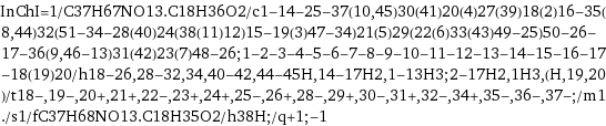 InChI=1/C37H67NO13.C18H36O2/c1-14-25-37(10, 45)30(41)20(4)27(39)18(2)16-35(8, 44)32(51-34-28(40)24(38(11)12)15-19(3)47-34)21(5)29(22(6)33(43)49-25)50-26-17-36(9, 46-13)31(42)23(7)48-26;1-2-3-4-5-6-7-8-9-10-11-12-13-14-15-16-17-18(19)20/h18-26, 28-32, 34, 40-42, 44-45H, 14-17H2, 1-13H3;2-17H2, 1H3, (H, 19, 20)/t18-, 19-, 20+, 21+, 22-, 23+, 24+, 25-, 26+, 28-, 29+, 30-, 31+, 32-, 34+, 35-, 36-, 37-;/m1./s1/fC37H68NO13.C18H35O2/h38H;/q+1;-1