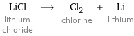 LiCl lithium chloride ⟶ Cl_2 chlorine + Li lithium