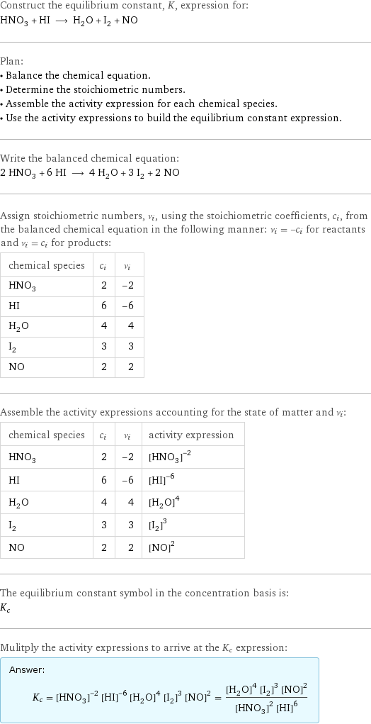 Construct the equilibrium constant, K, expression for: HNO_3 + HI ⟶ H_2O + I_2 + NO Plan: • Balance the chemical equation. • Determine the stoichiometric numbers. • Assemble the activity expression for each chemical species. • Use the activity expressions to build the equilibrium constant expression. Write the balanced chemical equation: 2 HNO_3 + 6 HI ⟶ 4 H_2O + 3 I_2 + 2 NO Assign stoichiometric numbers, ν_i, using the stoichiometric coefficients, c_i, from the balanced chemical equation in the following manner: ν_i = -c_i for reactants and ν_i = c_i for products: chemical species | c_i | ν_i HNO_3 | 2 | -2 HI | 6 | -6 H_2O | 4 | 4 I_2 | 3 | 3 NO | 2 | 2 Assemble the activity expressions accounting for the state of matter and ν_i: chemical species | c_i | ν_i | activity expression HNO_3 | 2 | -2 | ([HNO3])^(-2) HI | 6 | -6 | ([HI])^(-6) H_2O | 4 | 4 | ([H2O])^4 I_2 | 3 | 3 | ([I2])^3 NO | 2 | 2 | ([NO])^2 The equilibrium constant symbol in the concentration basis is: K_c Mulitply the activity expressions to arrive at the K_c expression: Answer: |   | K_c = ([HNO3])^(-2) ([HI])^(-6) ([H2O])^4 ([I2])^3 ([NO])^2 = (([H2O])^4 ([I2])^3 ([NO])^2)/(([HNO3])^2 ([HI])^6)