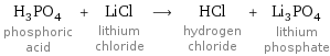 H_3PO_4 phosphoric acid + LiCl lithium chloride ⟶ HCl hydrogen chloride + Li_3PO_4 lithium phosphate