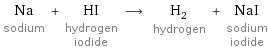 Na sodium + HI hydrogen iodide ⟶ H_2 hydrogen + NaI sodium iodide