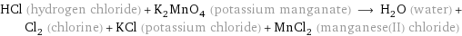 HCl (hydrogen chloride) + K_2MnO_4 (potassium manganate) ⟶ H_2O (water) + Cl_2 (chlorine) + KCl (potassium chloride) + MnCl_2 (manganese(II) chloride)